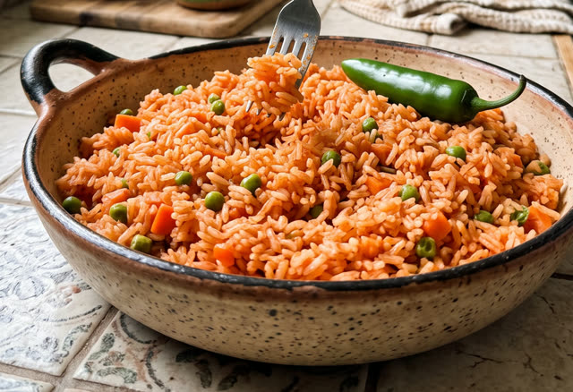Red Mexican rice in a clay pot