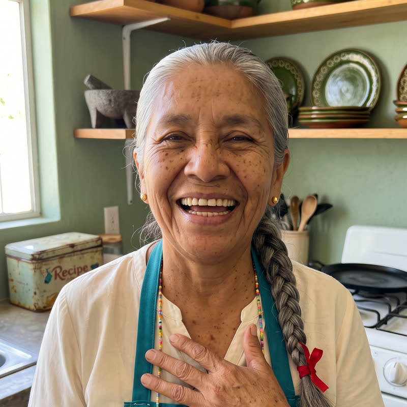 Abuela Meche laughing in her kitchen